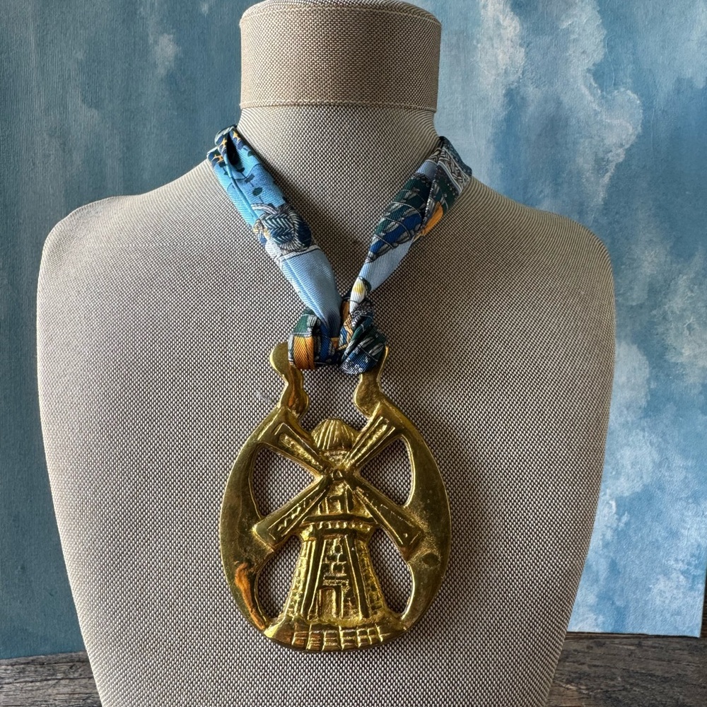Gold Windmill Pendant Scarf Necklace with Blue Printed Scarf